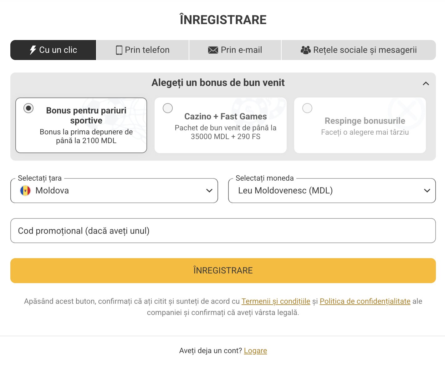 Înregistrare pe Melbet