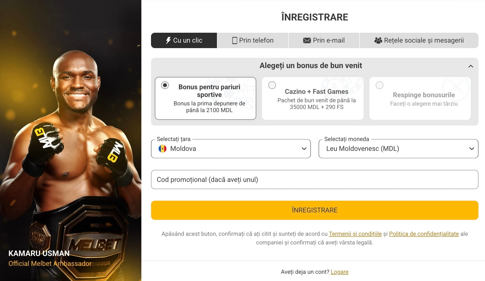 Înregistrare rapidă pe Melbet